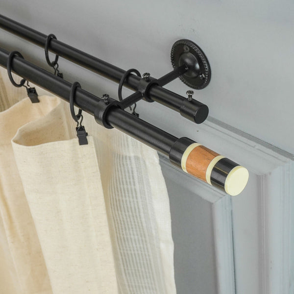 BW Wood Finial Extendable Double Curtain Rod Black 19MM (Hardware Included) - The Decor Mart 