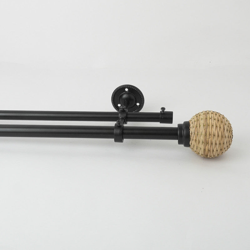 Wicker Weave Finial Extendable Double Curtain Rod Black 25MM (Hardware Included) - The Decor Mart 