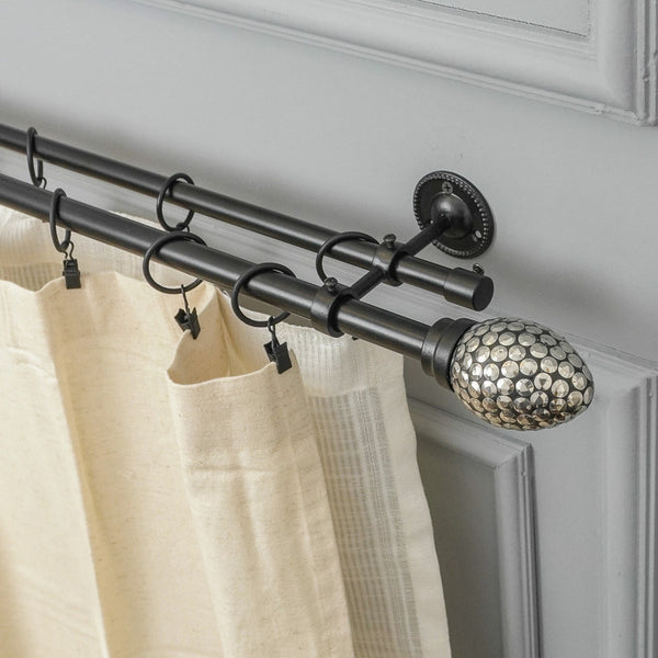 Metal Stud Finial Extendable Double Curtain Rod Black 25MM (Hardware Included) - The Decor Mart 