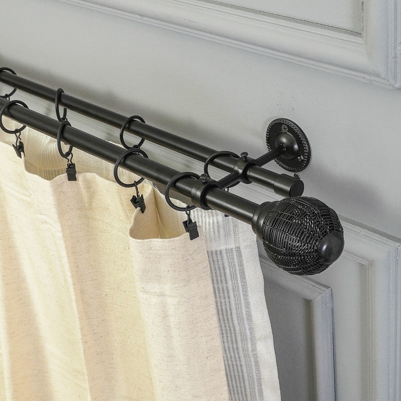 Metal Weave Finial Extendable Double Curtain Rod Black 19MM (Hardware Included) - The Decor Mart 