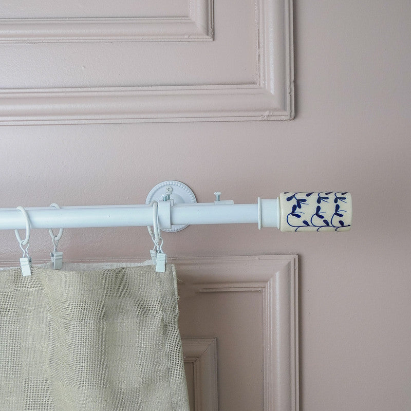 Handpainted Cylinder Ceramic Finial Extendable Double Curtain Rod White 19MM (Hardware Included) - The Decor Mart 
