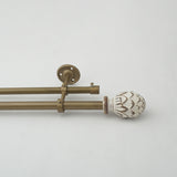 Distressed White Carved Wood Finial Extendable Double Curtain Rod Gold 19MM (Hardware Included) - The Decor Mart 