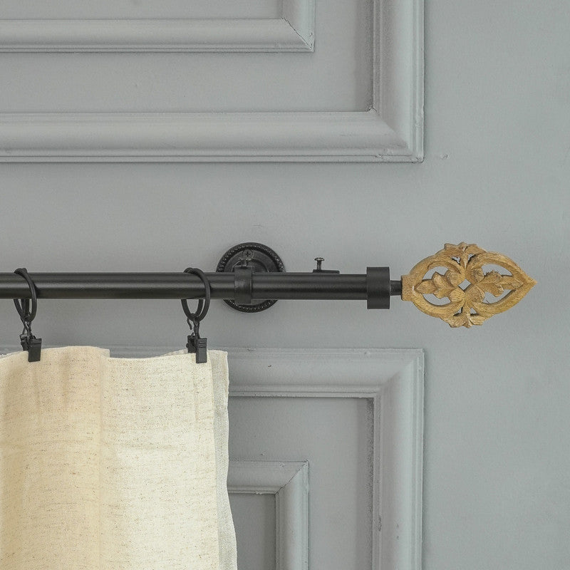 Brown Baroque Wood Finial Extendable Double Curtain Rod Black 25MM (Hardware Included) - The Decor Mart 
