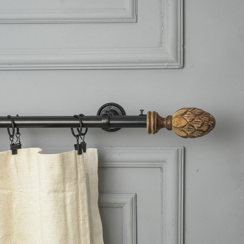Carved Mughal Wood Finial Extendable Double Curtain Rod Black 25MM (Hardware Included) - The Decor Mart 