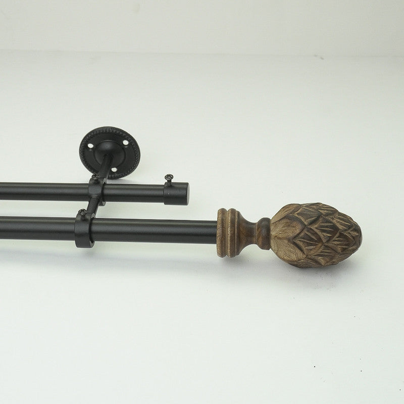 Carved Mughal Wood Finial Extendable Double Curtain Rod Black 25MM (Hardware Included) - The Decor Mart 