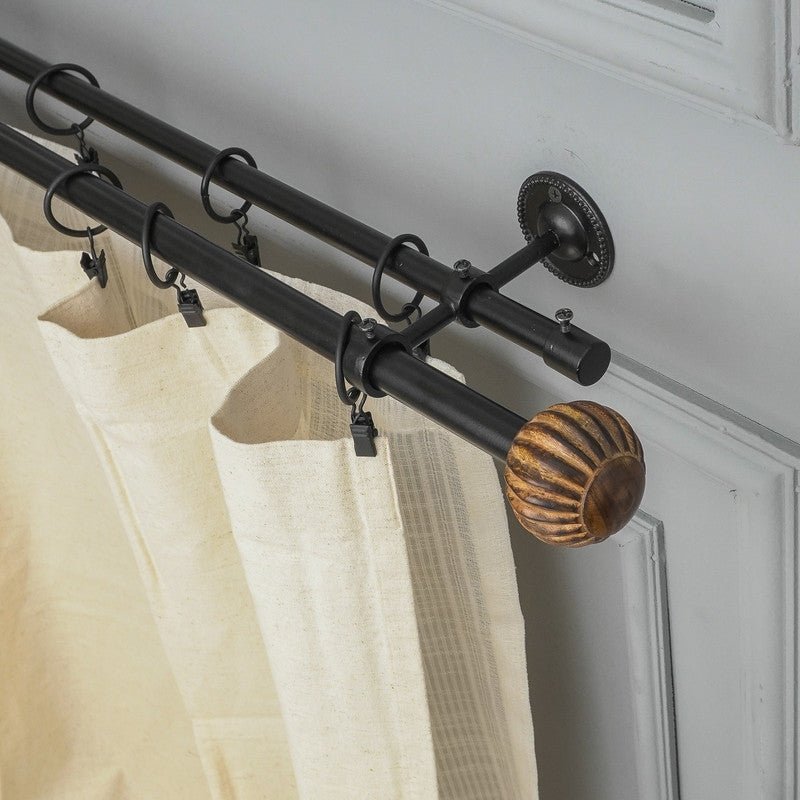 Pomp Wood Finial Extendable Double Curtain Rod Black 19MM (Hardware Included) - The Decor Mart 