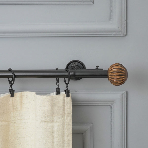 Pomp Wood Finial Extendable Double Curtain Rod Black 19MM (Hardware Included) - The Decor Mart 