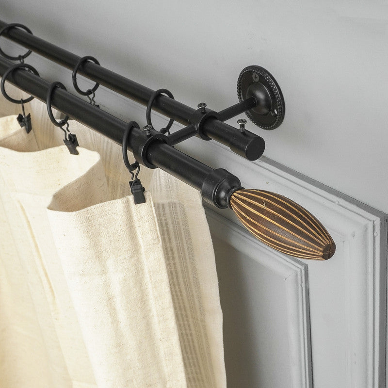 Wood Bud Finial Extendable Double Curtain Rod Black 19MM (Hardware Included) - The Decor Mart 