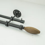 Wood Bud Finial Extendable Double Curtain Rod Black 19MM (Hardware Included) - The Decor Mart 