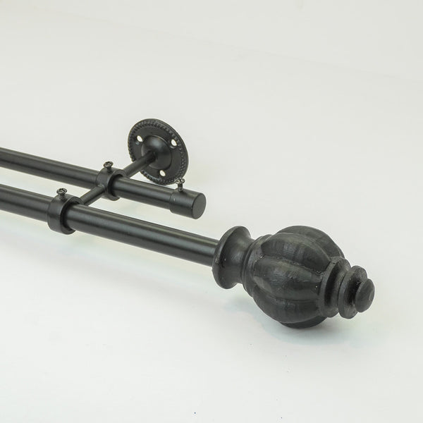 Epitome Wood Finial Extendable Double Curtain Rod Black 25MM (Hardware Included) - The Decor Mart 