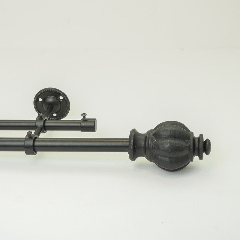 Epitome Wood Finial Extendable Double Curtain Rod Black 25MM (Hardware Included) - The Decor Mart 