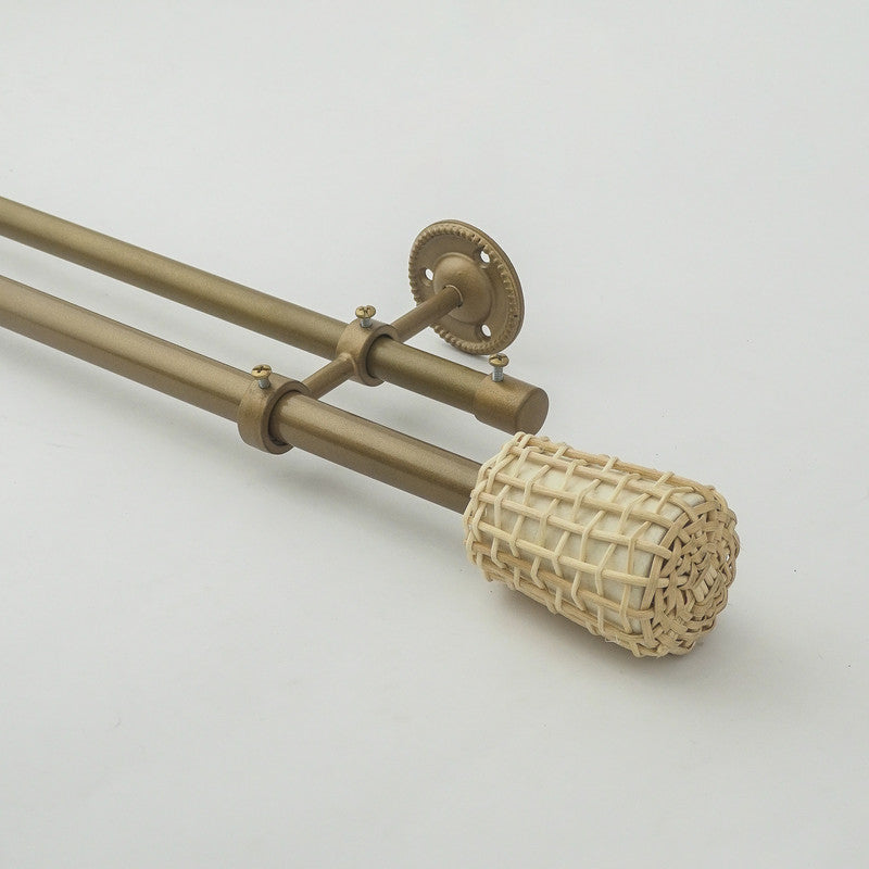 White Distressed Cane Wrap Finial Extendable Single Double Curtain Rod Beige 19MM (Hardware Included) - The Decor Mart 