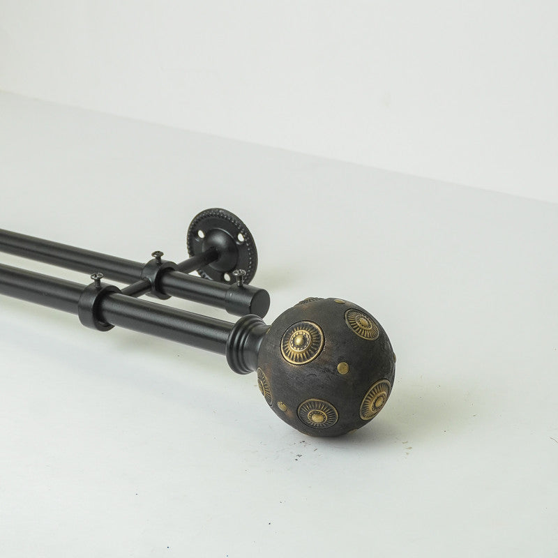 Mughal Metal Wood Blend Finial Extendable Double Curtain Rod Black 25MM (Hardware Included) - The Decor Mart 