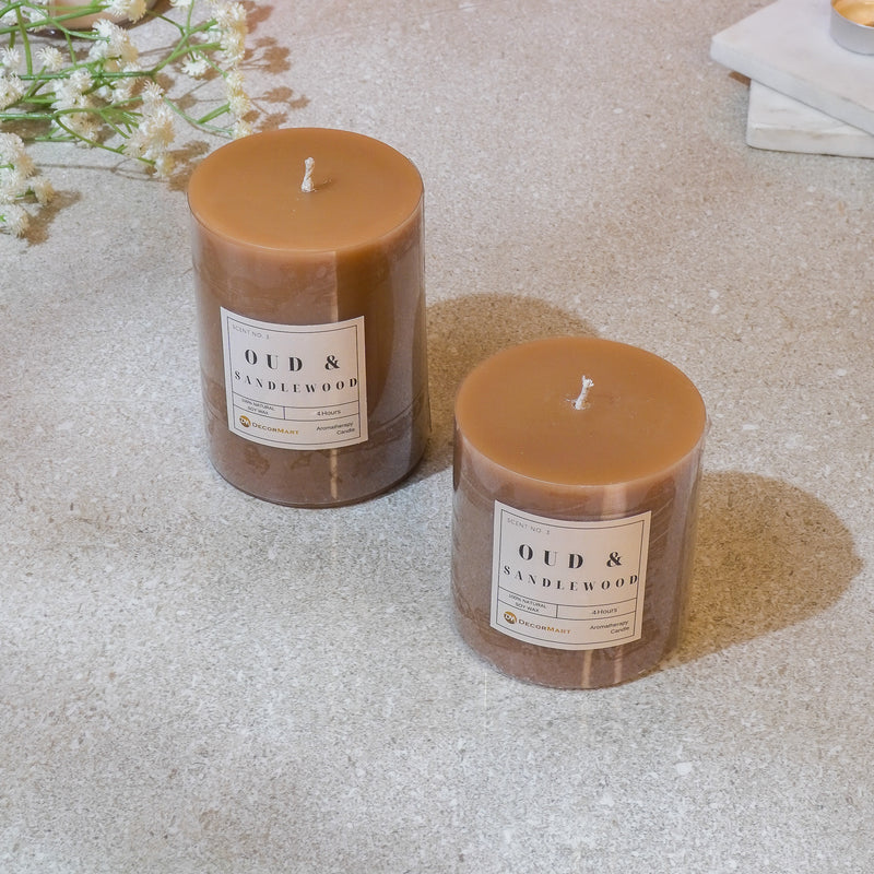 Oud & Sandal Wood Scented Pillar Candles Set Of 2