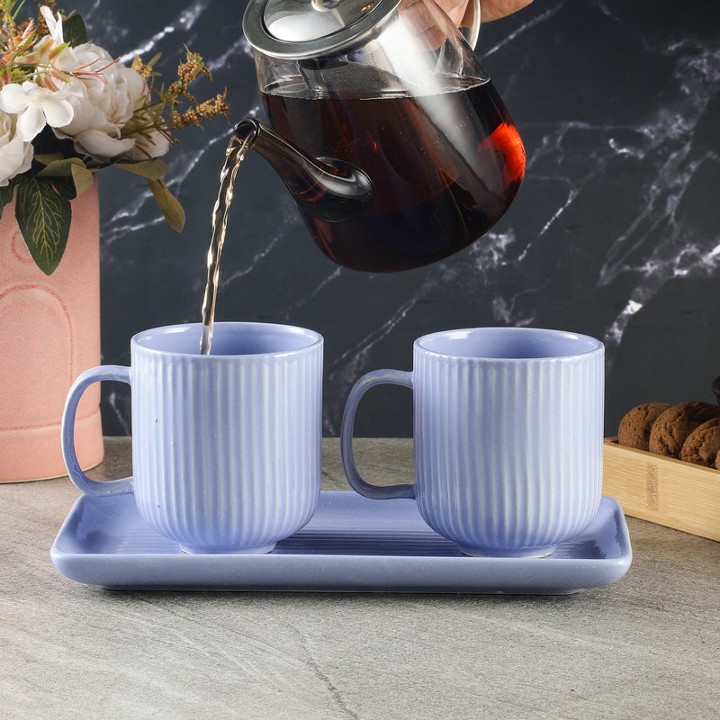 Combed Mug Set with Tray- Lilac (Set of 2)