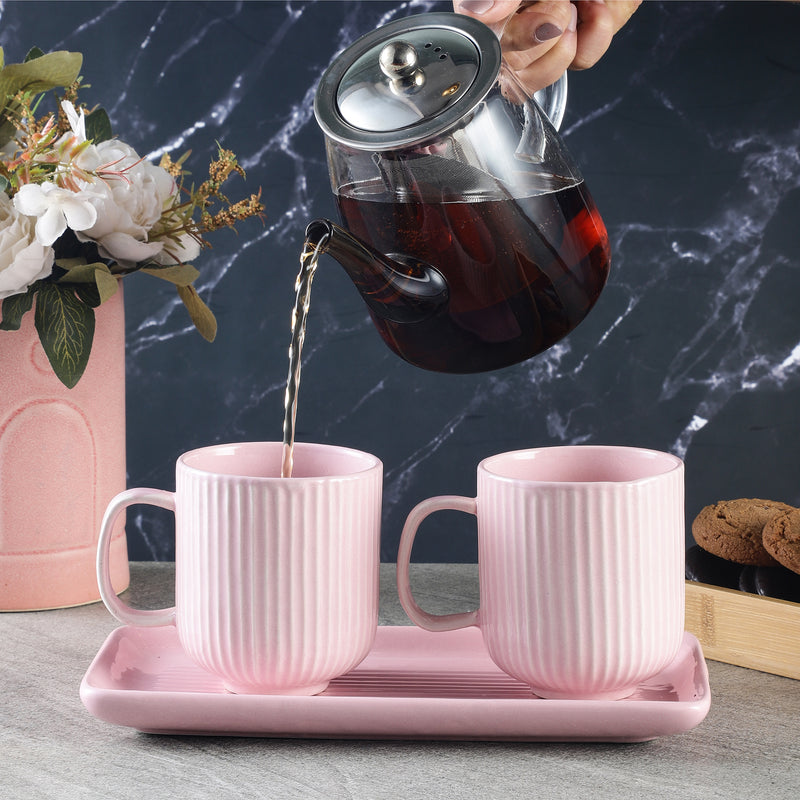 Combed Mug Set with Tray- Pink (Set of 2)