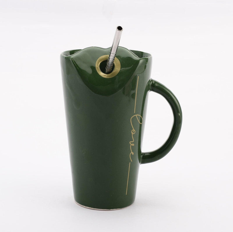 Ceramic Glazed Straw Mug- Green - The Decor Mart 