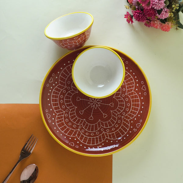 Red Mandala Ceramic Plate and Bowl Set