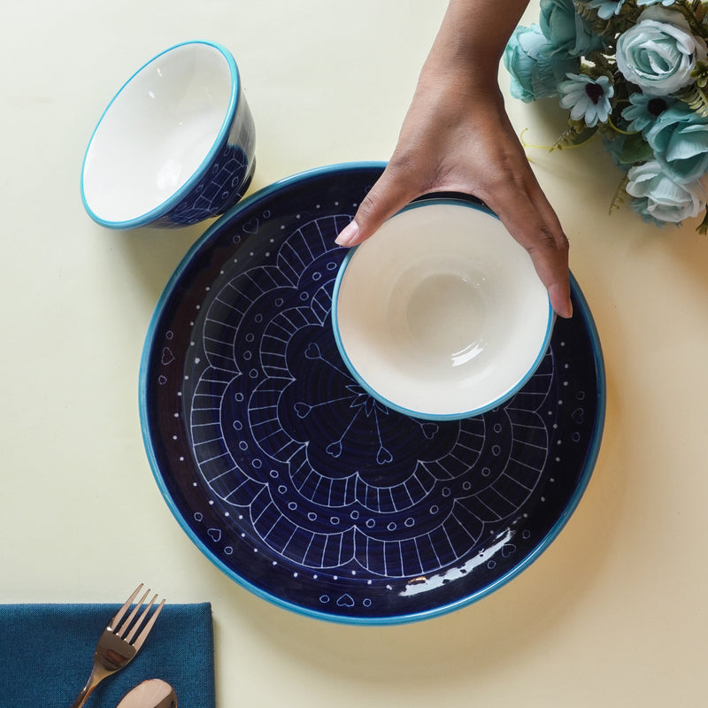 Navy Blue Mandala Ceramic Plate and Bowl Set