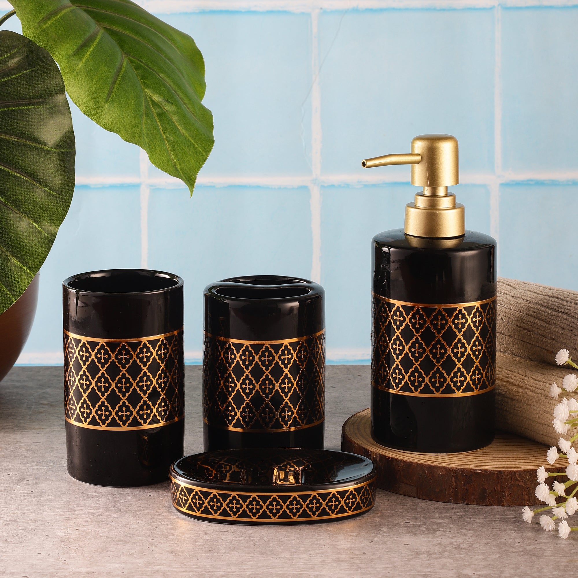 Ceramic Gold Bath Accessory Set Black The Decor Mart
