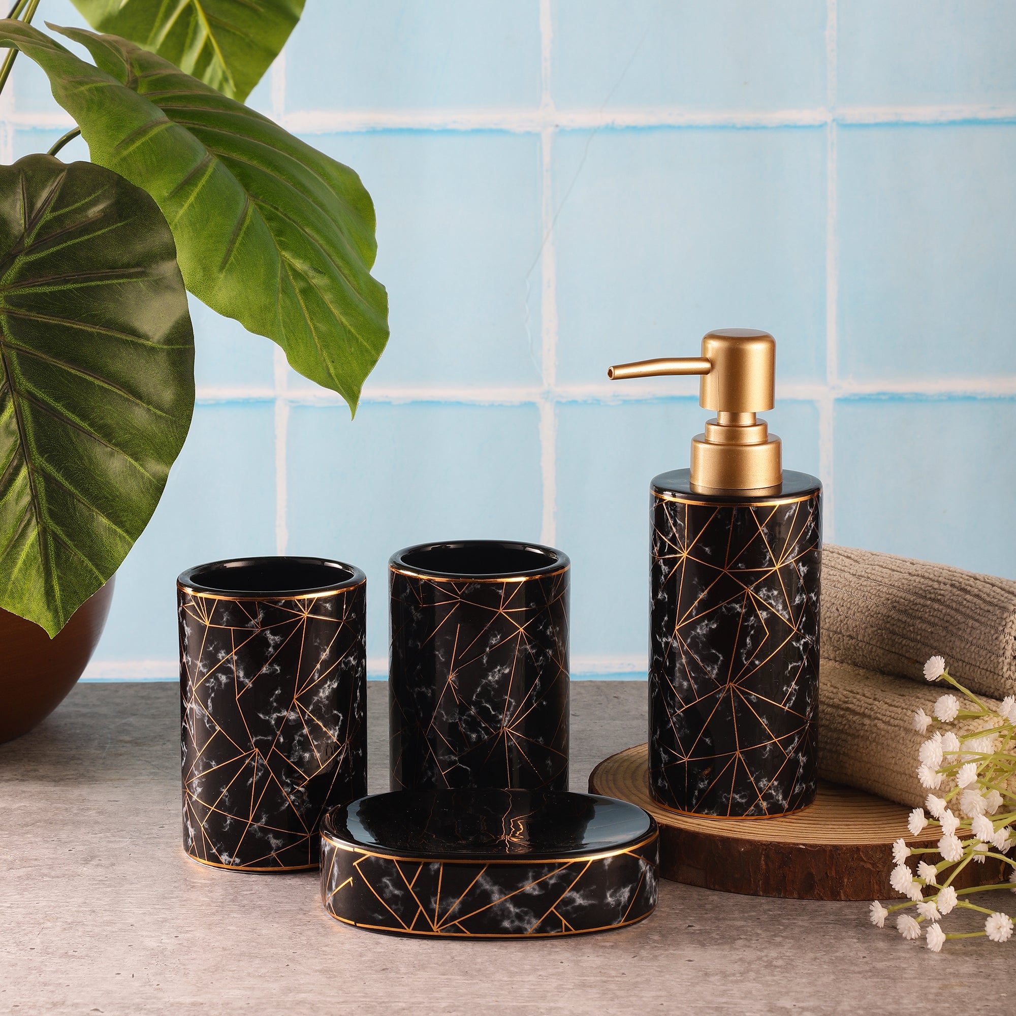 Ceramic Abstract Bath Accessory Set Black The Decor Mart