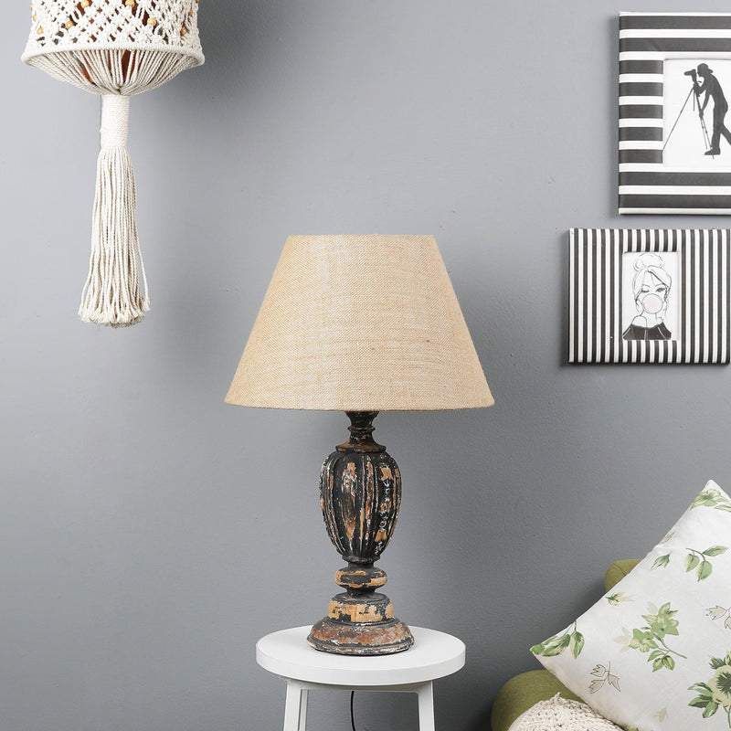 Distressed Black Wood Table Lamp With Shade (Bulb Included) - The Decor Mart 