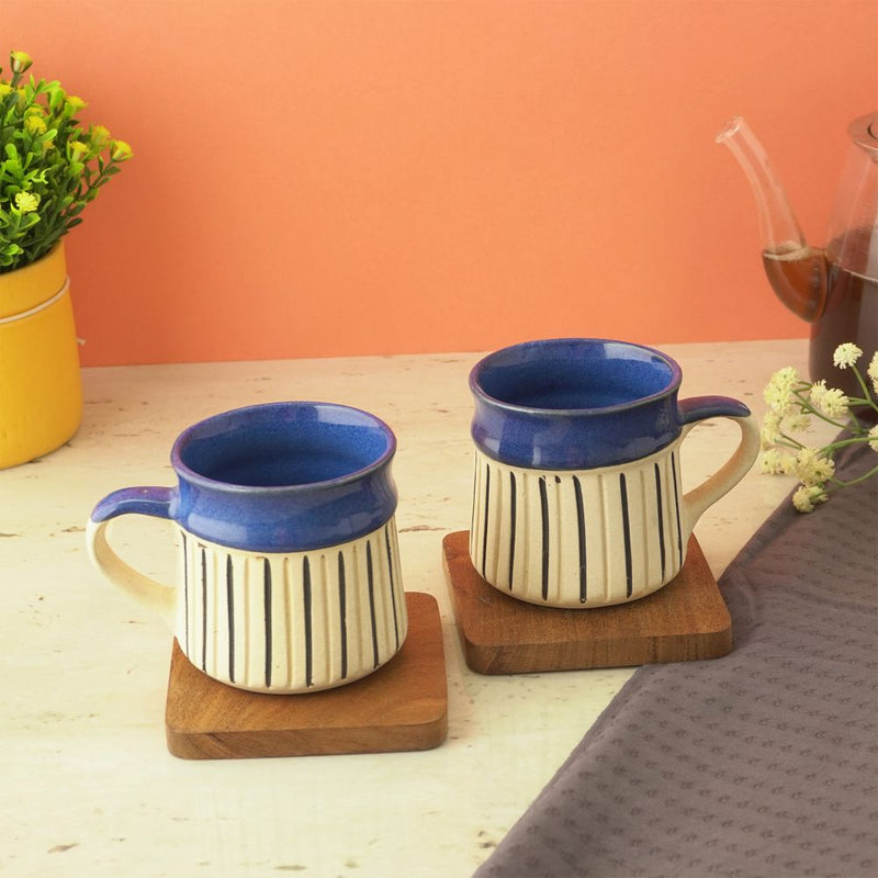 Black Striped Big Ceramic Cups- Set of 4 (Blue)