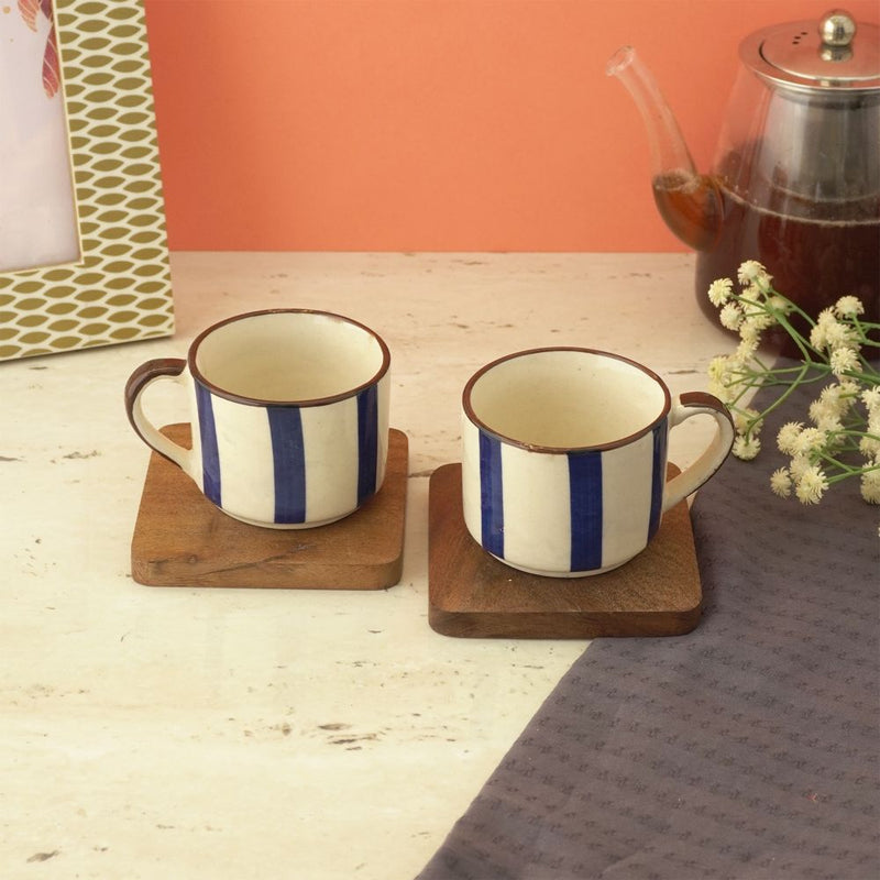 Striped Ceramic Tea Cups- Set of 4 (Blue)