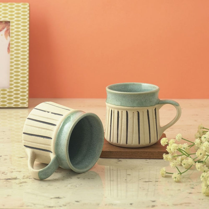 Black Striped Sky Blue Ceramic Mug- Set of 2