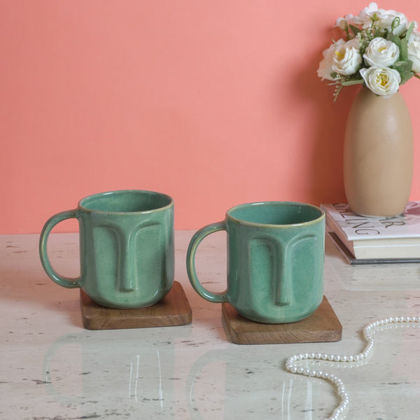 Green Ceramic Face Mug Set of 2