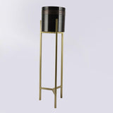Metal Planter With Wooden Stand Antique Gold Black Planter - M - The Decor Mart 