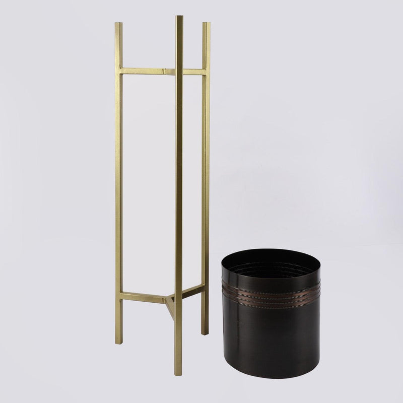 Metal Planter With Wooden Stand Antique Gold Black Planter - M - The Decor Mart 
