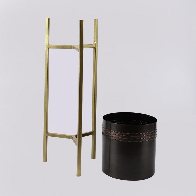 Metal Planter With Wooden Stand Antique Gold Black Planter- S - The Decor Mart 