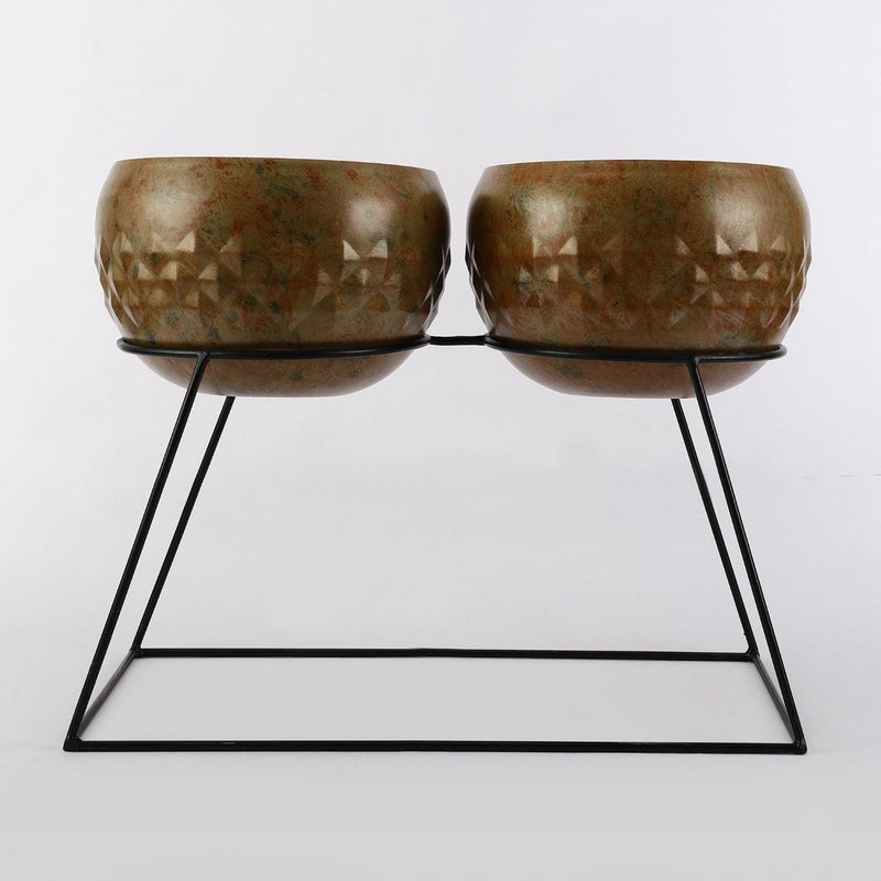 Metal Double Bowl Planter With Stand - The Decor Mart 
