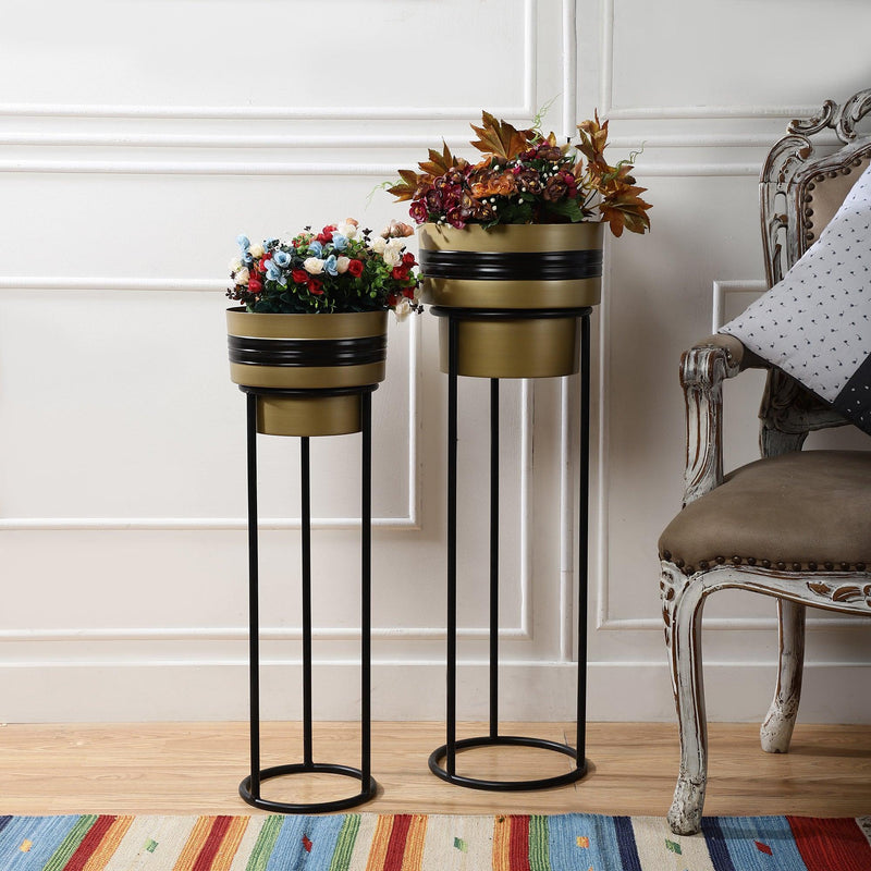 Metal Gold Black Planter With Stand- Set of 2 - The Decor Mart 