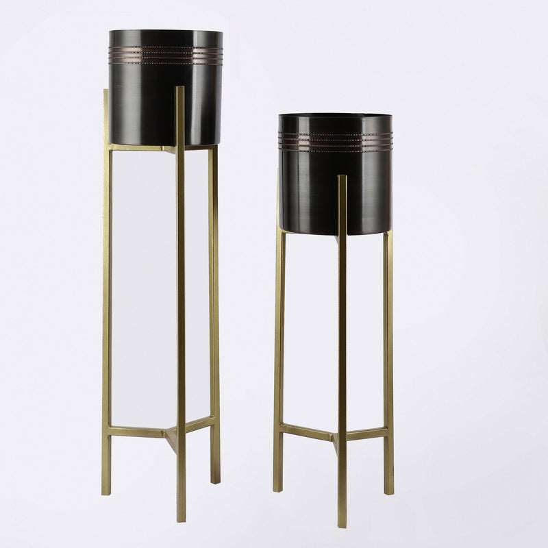 Metal Planter With Wooden Stand Antique Gold Black Planter - Set of 2 - The Decor Mart 