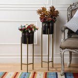 Metal Planter With Wooden Stand Antique Gold Black Planter - Set of 2 - The Decor Mart 